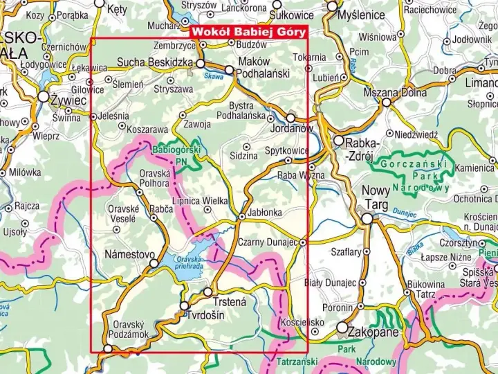 Mapa szlaków turystycznych wokół Babiej Góry, z zaznaczonymi miejscowościami i parkami narodowymi.
