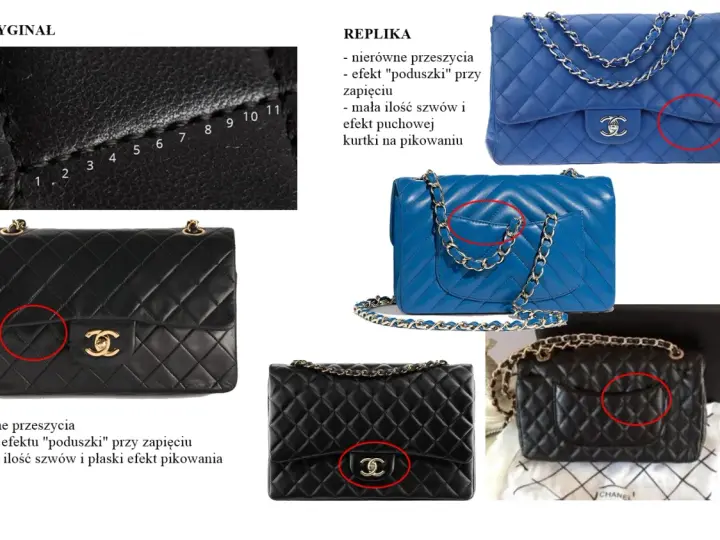 Porównanie oryginalnych i podrabianych torebek Chanel. Detale pikowania i zapięć pokazują różnice między oryginałami a replikami coco chanel torebki.