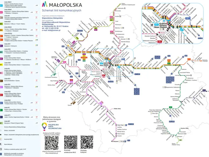 Mapa kolejowa Małopolski z nowym rozkładem jazdy. Schemat linii komunikacyjnych Kolei Małopolskich.