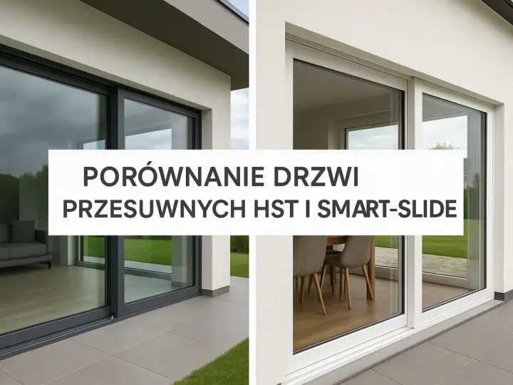 Porównanie drzwi przesuwnych HST i Smart-Slide. Dwa nowoczesne domy z dużymi przeszkleniami, ukazujące różne modele okien.