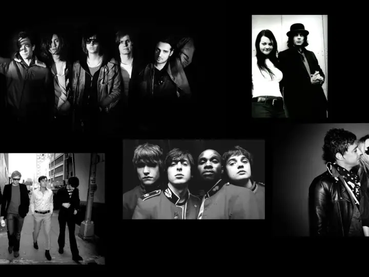 Un groupe rock français des années 2000, capturé dans des poses stylées, entre ombres et lumières.