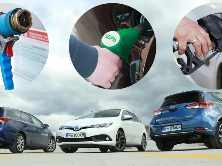 Tankowanie samochodów z najlepszymi silnikami. Dwa kombi Toyoty Auris i trzy zbliżenia na pistolety paliwowe.