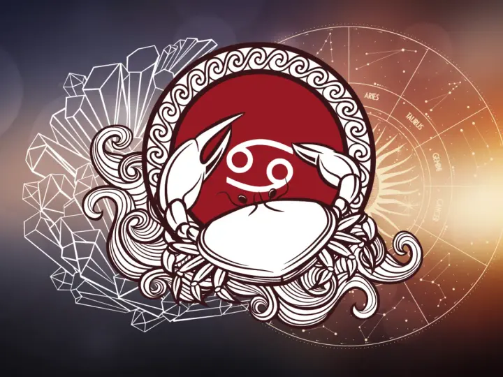 Symbol Raka, 22.07 znak zodiaku, otoczony kryształami i kołem zodiaku.