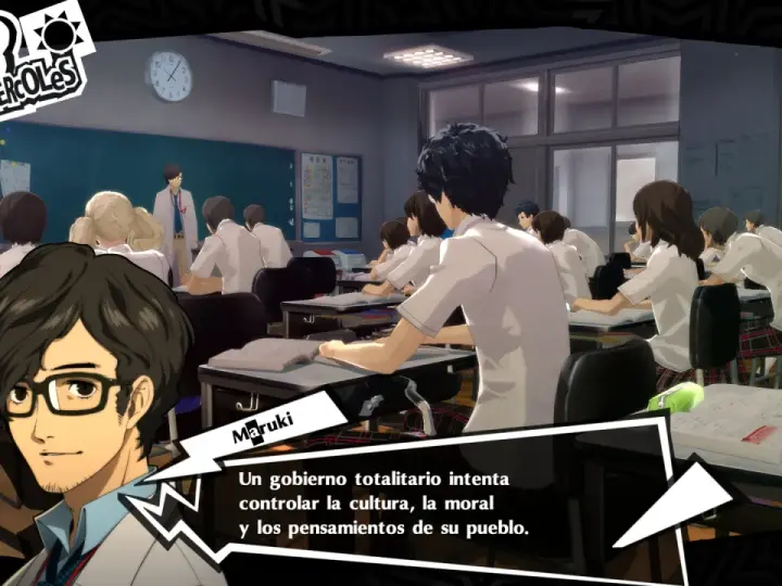 En clase de Persona 5 Royal, Maruki habla sobre gobiernos totalitarios.