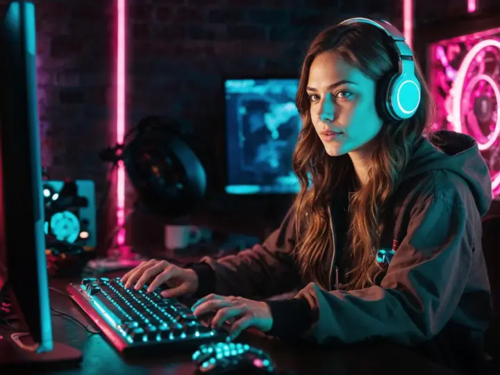 Mujer con auriculares jugando en un PC con luces de neón. Se pregunta cuanto cobra un programador de videojuegos.