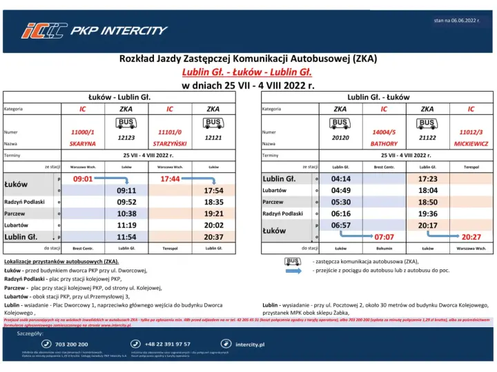 Rozkład jazdy PKP Intercity ZKA Lublin-Łuków i Łuków-Lublin. Komunikacja zastępcza między miastami.