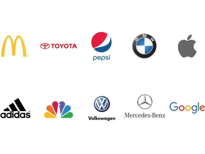 Logos de marcas reconocidas como McDonald's, Toyota, Pepsi, BMW, Apple, Adidas, NBC, Volkswagen, Mercedes-Benz y Google. Ejemplos de imagen corporativa.