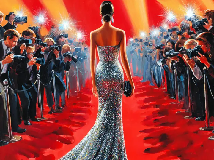 Eine Frau in einem glitzernden Kleid schreitet über den roten Teppich, umgeben von Blitzlichtgewittern und Fotografen. Ein glamouröser gala abend.