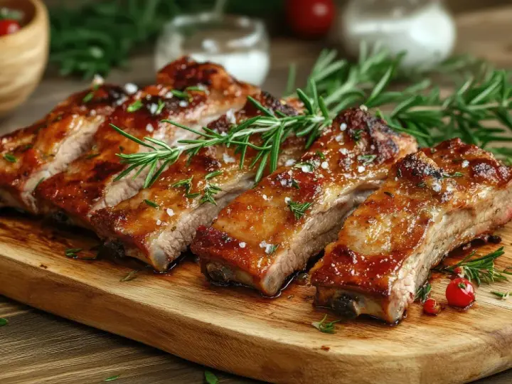 Costillas de cerdo al horno, glaseadas y con romero, servidas en tabla de madera.