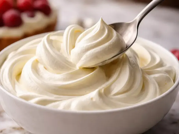 Une cuillère prélève une portion de chantilly mascarpone onctueuse dans un bol blanc. Des fruits rouges sont visibles en arrière-plan.