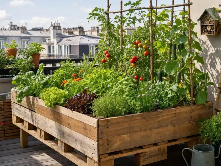 Un potager luxuriant sur un balcon, avec des tomates, concombres et salades dans une **déco jardin** en **palette**. L'**exterieur** est aménagé avec soin.