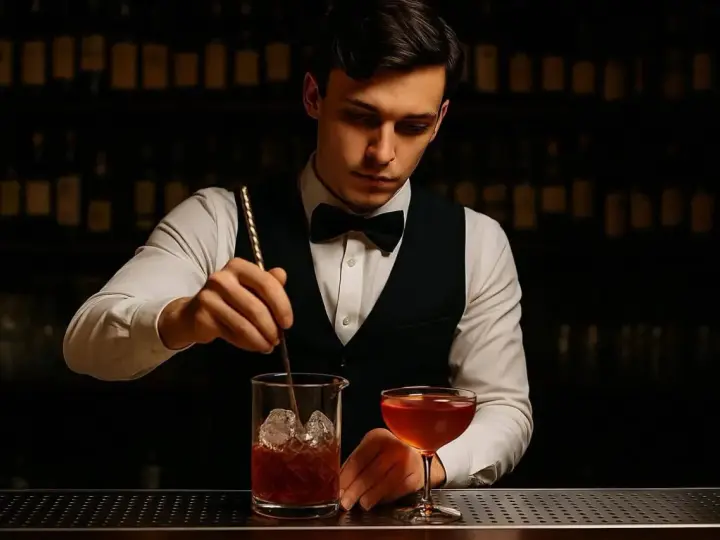 Barman w eleganckim stroju miesza drinka z lodem w szklanicy, obok stoi gotowy koktajl.