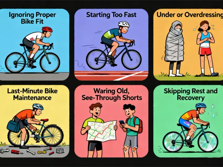 Six panels illustrate common cycling mistakes: ignoring bike fit, starting too fast, improper dressing, last-minute maintenance, wearing worn shorts, and skipping rest and recovery.