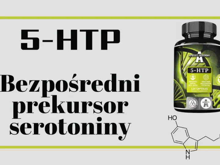 5-HTP, bezpośredni prekursor serotoniny, w kapsułkach. Obok wzór chemiczny.