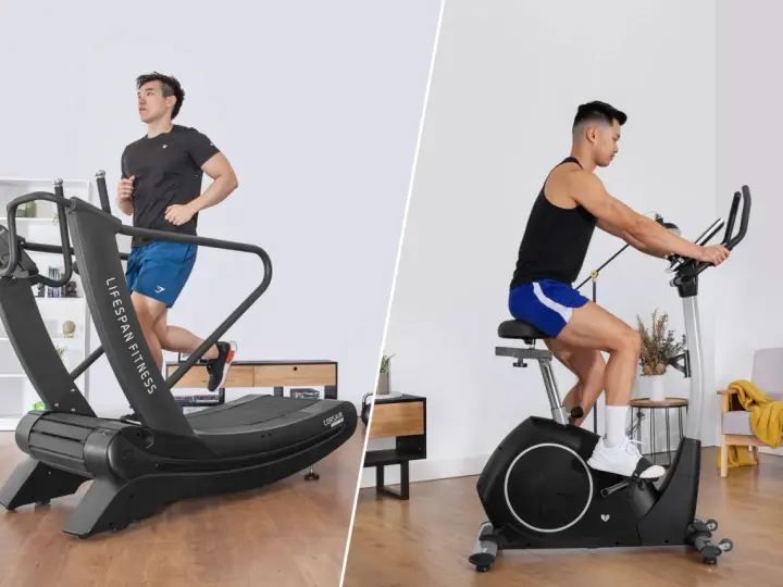 Man running on a treadmill vs. man cycling on a stationary bike. A split image showcasing two popular cardio workouts.
