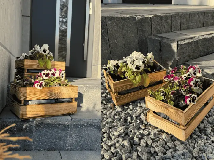 Drewniane skrzynki z kompozycjami kwiatowymi na balkon, ozdabiające wejście do domu.
