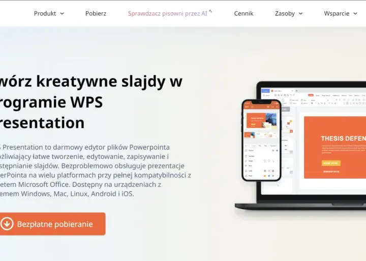 Strona do robienia prezentacji WPS Presentation. Twórz kreatywne slajdy na komputerze, telefonie i tablecie. Darmowy edytor kompatybilny z PowerPoint.