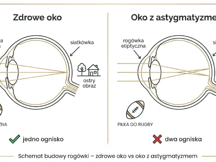 Zdrowe oko skupia światło na siatkówce, dając ostry obraz. Oko z astygmatyzmem ma eliptyczną rogówkę, co powoduje dwa ogniska i rozmyty obraz.