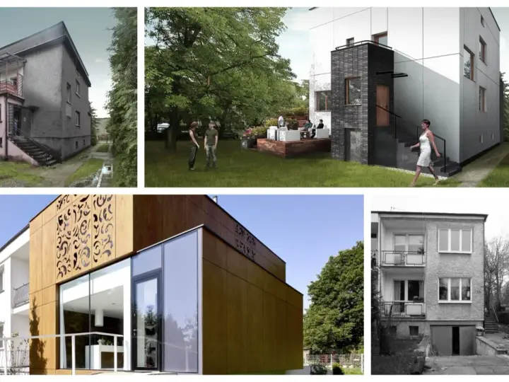 Kolaż zdjęć: stary dom kostka PRL, nowoczesna architektura, ludzie w ogrodzie, kobieta w białej sukience.