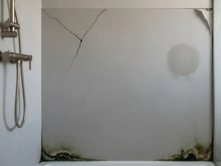 Panneau mural de douche fissuré, taché et moisi, illustrant les inconvénients de ce type de revêtement.