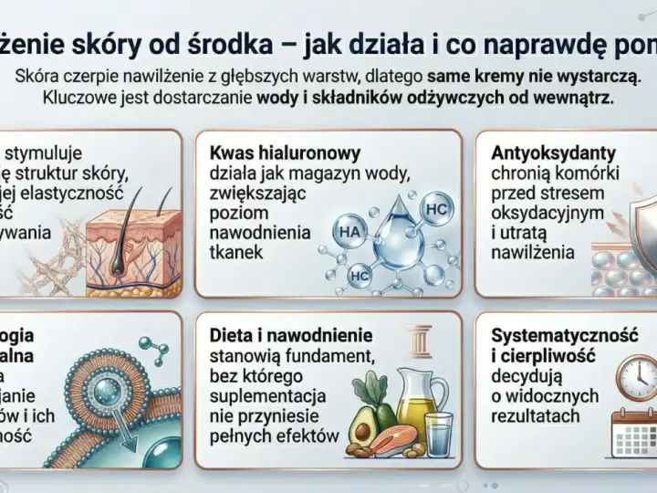 NMF co to? Grafika wyjaśnia nawilżenie skóry od środka: kolagen, kwas hialuronowy, antyoksydanty, technologia liposomalna, dieta i systematyczność.
