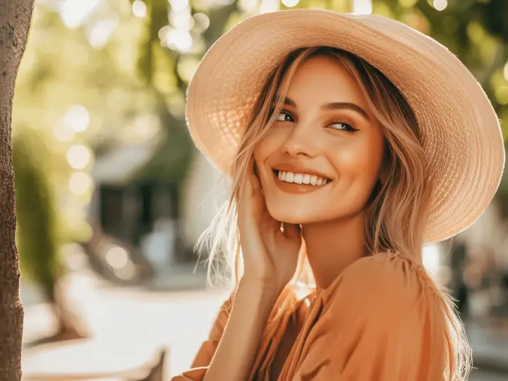 Une femme souriante, chapeau de paille, robe orange, lumière douce. C'est ce que les hommes aiment que les femmes fassent : rayonner de joie.