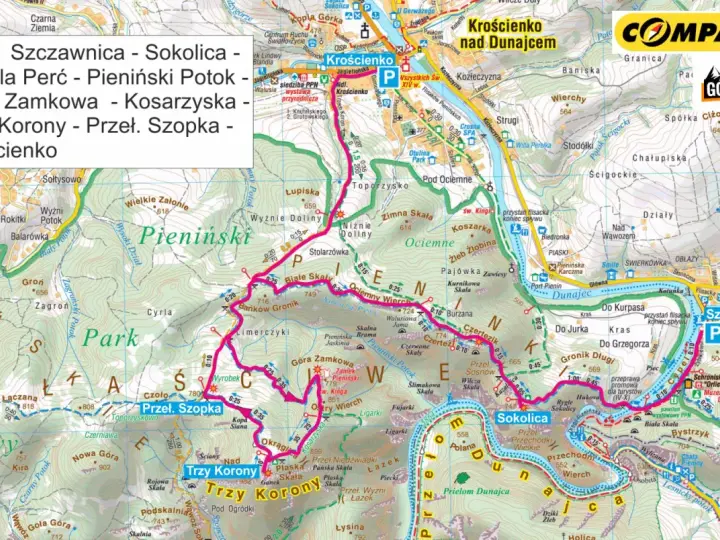 Fragment mapy turystycznej Pienin z zaznaczonymi szlakami i nazwami szczytów: Trzy Korony, Sokolica.