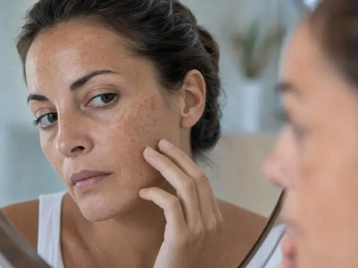 Donna si guarda allo specchio, toccandosi il viso dove compaiono macchie scure sulla pelle.