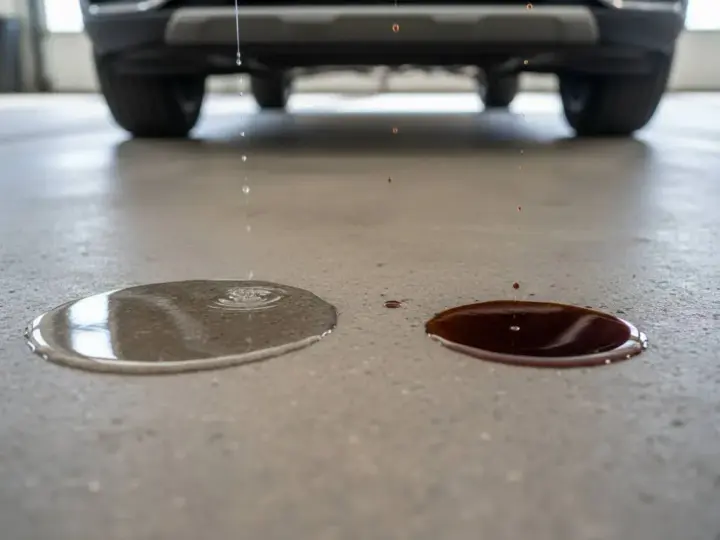 Gocce d'acqua e liquido scuro cadono da un'auto parcheggiata, indicando una possibile perdita d'acqua a motore spento.