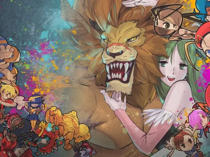 Personajes de fighting legends ps4, incluyendo un león gigante, una chica de pelo verde y guerreros chibi, con salpicaduras de pintura.