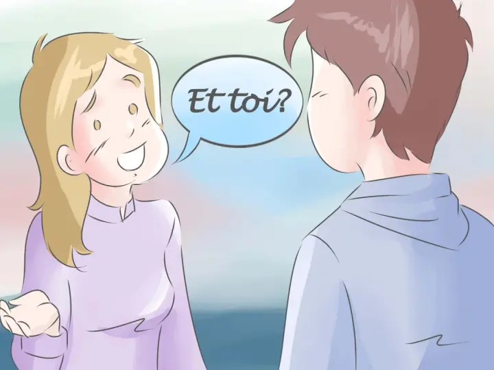 Una chica sonriente pregunta "¿Y tú?" en un globo de diálogo, como en un saludo en francés por email.