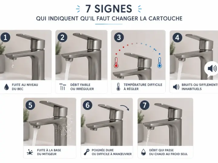 7 signes indiquant qu'il faut changer la cartouche : fuite, débit faible, température difficile à régler, bruits, poignée dure, débit instable. La durée de vie cartouche mitigeur est affectée par ces signes.