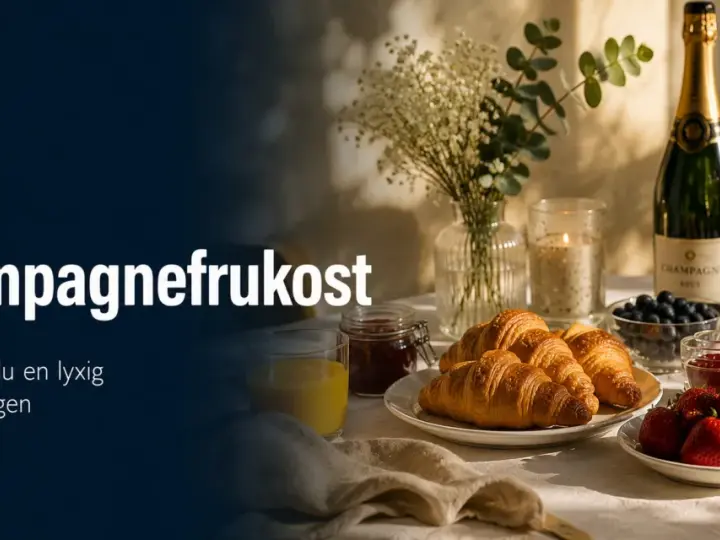 En lyxig champagnefrukost med croissanter, bär och bubbel. Perfekt för att fira studenten!