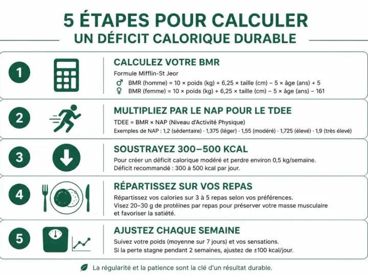 Guide en 5 étapes pour comment compter ses calories et créer un déficit calorique durable : calcul BMR, TDEE, soustraction kcal, répartition repas, ajustements hebdomadaires.