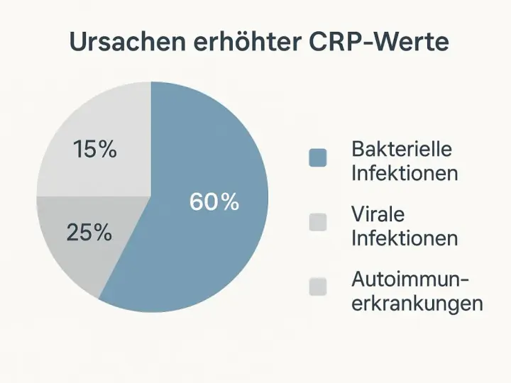 Wykres kołowy pokazuje przyczyny podwyższonego CRP: 60% infekcje bakteryjne, 25% wirusowe, 15% choroby autoimmunologiczne. CRP co to?