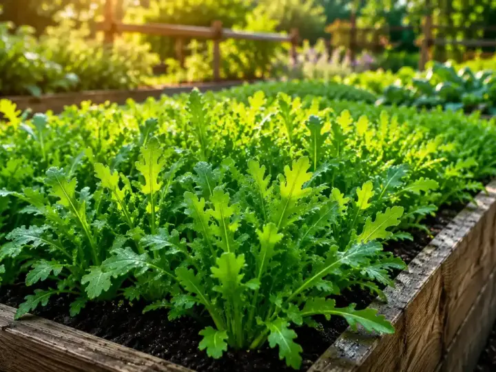Rucola in vaso, rigogliosa e verde brillante, baciata dal sole del mattino in un orto rialzato.