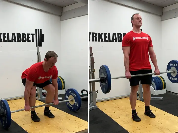 Man utför marklyft i gym. Bilden visar startpositionen och slutpositionen för en repetition i ett marklyft program.