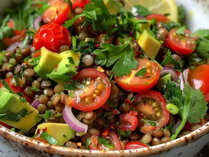 Fresca insalata di lenticchie estiva con pomodorini, avocado, cipolla rossa e prezzemolo.