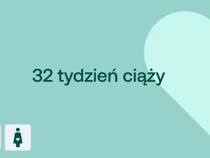 Grafika z napisem "32 tydzień ciąży" i ikonami D+ oraz kobiety w ciąży.