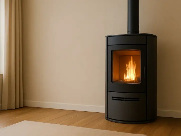 Stufa a pellet moderna con fiamme vive, un vero bonus per un ambiente caldo e accogliente.