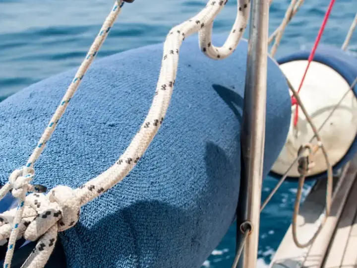 Blauer Fender am Boot befestigen mit Seilen. Das Boot gleitet auf dem blauen Meer.
