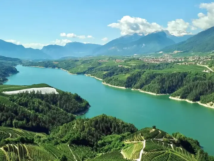 Panoramica mozzafiato del lago di Santa Giustina, circondato da verdi colline coltivate e montagne imponenti.