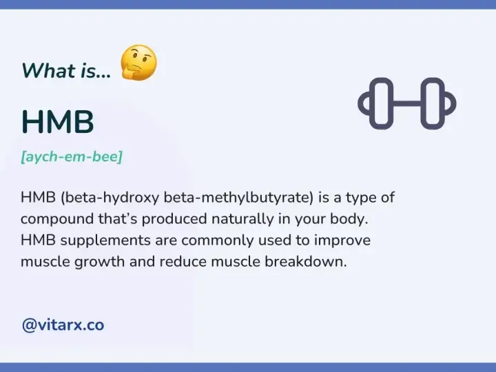 HMB co to? To beta-hydroksy beta-metylomaślan, związek naturalnie produkowany w ciele, wspierający wzrost mięśni. Ikona hantli symbolizuje jego zastosowanie.