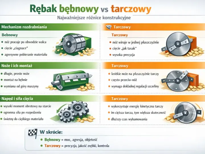 Ilustracja porównuje rębak bębnowy i tarczowy, pokazując ich mechanizmy, noże, napęd i siłę cięcia. Rębak bębnowy jest mocny i agresywny, tarczowy precyzyjny.