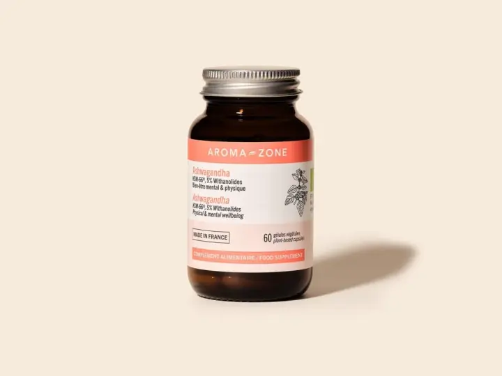 Flacon d'Ashwagandha Aroma-Zone, 60 gélules végétales. Découvrez les ashwagandha bienfaits femme pour le bien-être mental et physique.
