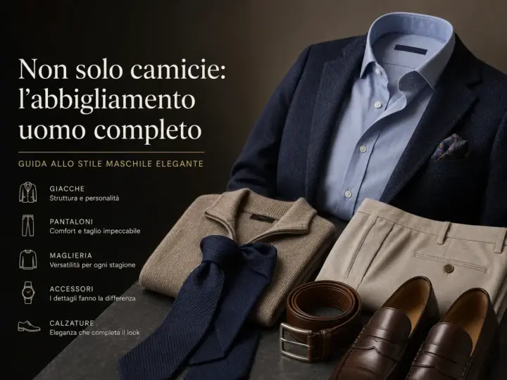 Un completo da uomo elegante: giacca blu, camicia azzurra, pantaloni beige, maglione, cravatta, cintura e scarpe.