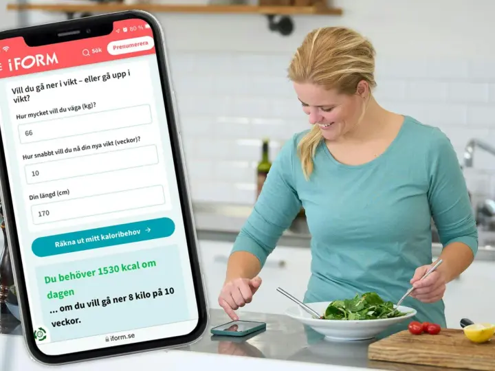 Kvinna använder app för att räkna ut sitt kaloribehov. Appen visar att hon behöver 1530 kcal per dag för att gå ner 8 kg på 10 veckor.