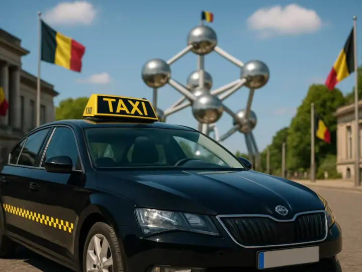 Schwarzer Taxi in Belgien vor dem Atomium. Belgische Flaggen wehen im Hintergrund.
