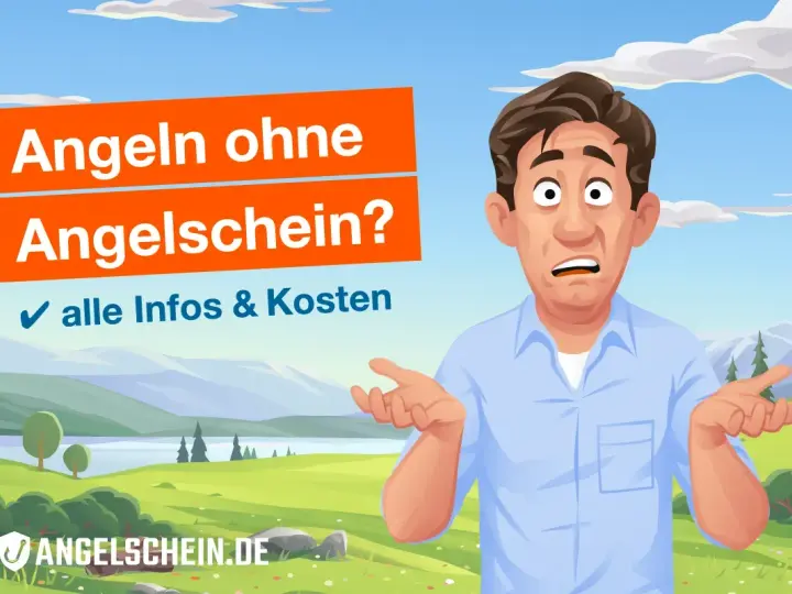 Verwirrter Mann fragt: Angeln ohne Angelschein? Hier gibt's alle Infos & Kosten. Landschaft mit See und Bergen im Hintergrund.