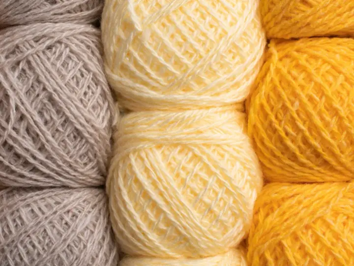 Gomitoli di lana in tonalità naturali: grigio, giallo tenue e giallo vivace. Diversi tipi di lana pronti per creare maglie calde.